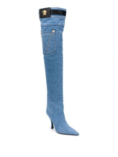 Versace Over The Knee Boots In Blau