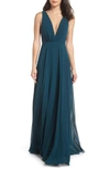 Jenny Yoo Ryan Illusion Neck Chiffon Gown In Caspian Sea