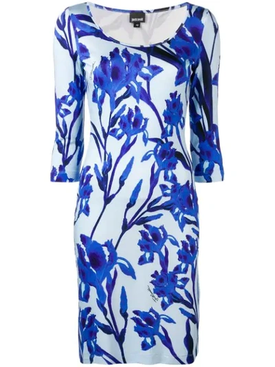 Just Cavalli Fitted Floral Dress In Blue