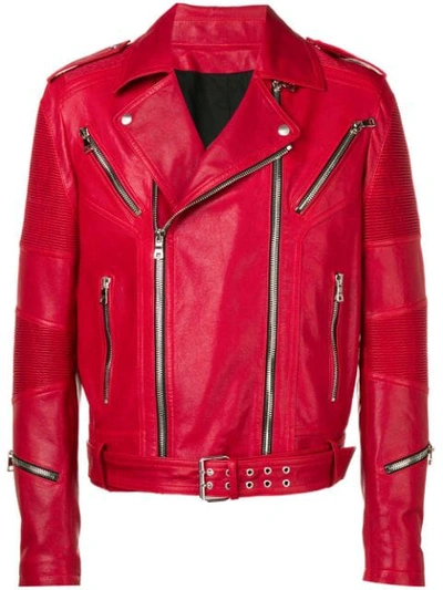 Balmain Asymmetric Leather Jacket In Red