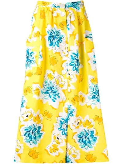Pre-owned Celine 1970s  Floral Print Skirt In Yellow