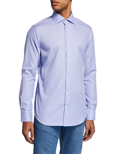 Neiman Marcus Men's Small-check Sport Shirt, Lilac In Purple/blue