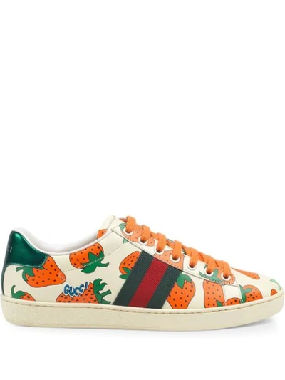 Gucci New Ace Leather Low-top Berry Sneakers In White