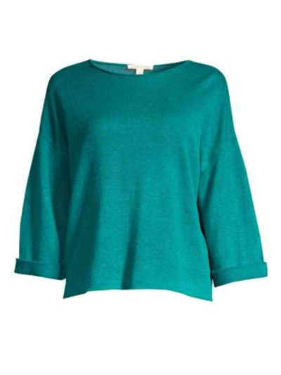 Eileen Fisher Round Neck Knit Organic Linen Top In Teal