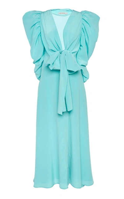 Silvia Tcherassi Hel Silk Bow Puff-sleeve Midi Dress In Blue