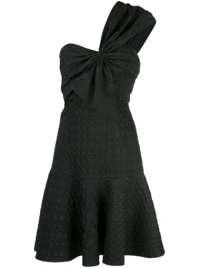 Josie Natori Textured Geometric Jacquard One-shoulder Sleeveless Bow Dress In Black