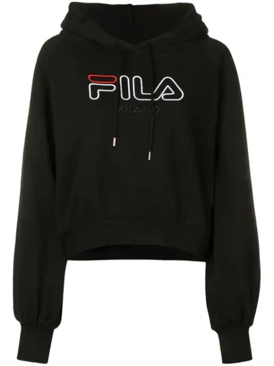 Fila Logo Embroidered Crop Sweatshirt Hoodie In Black