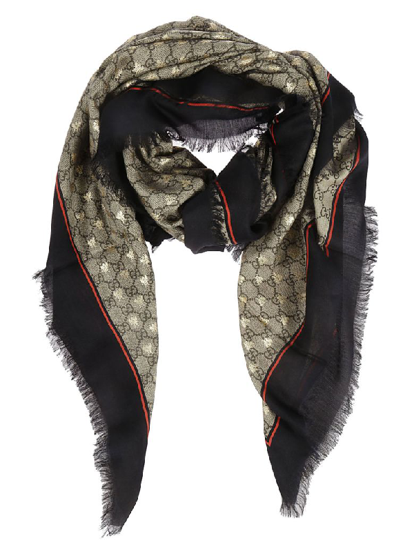 Gucci Gg Bees Motif Scarf In Ebony Modesens