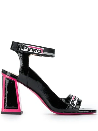 Pinko Pink Trim Block Heel Sandals In Black