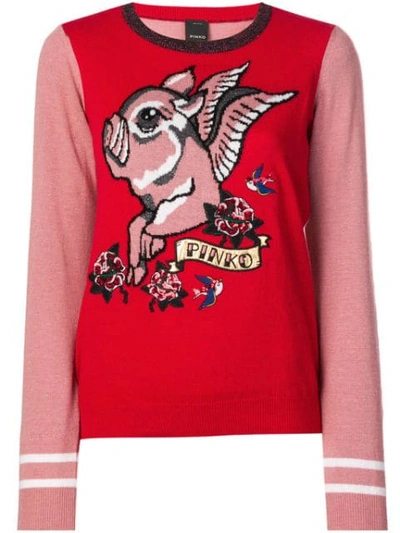 Pinko Flying Pig Knitted Sweater In Red