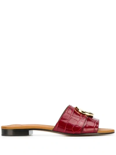 Chloé C Crocodile Embossed Leather Slide Sandals In Red