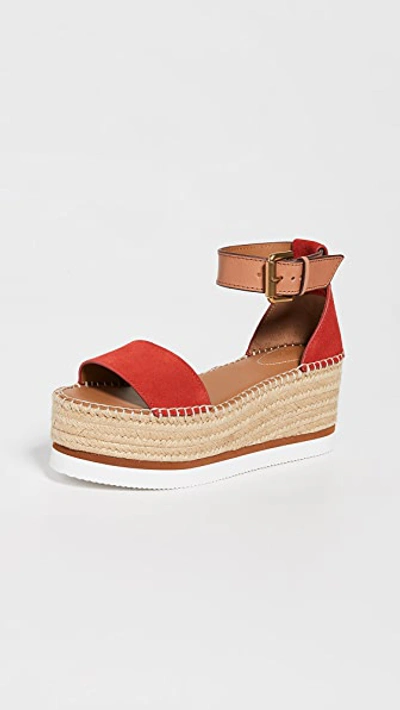 See By Chloé Glyn Leather Espadrille Platform Wedge Sandals In Red