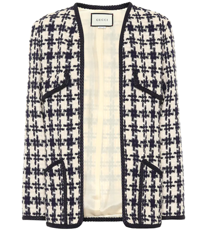 Gucci Houndstooth Tweed Wool-blend Jacket In Ink/ Natural White