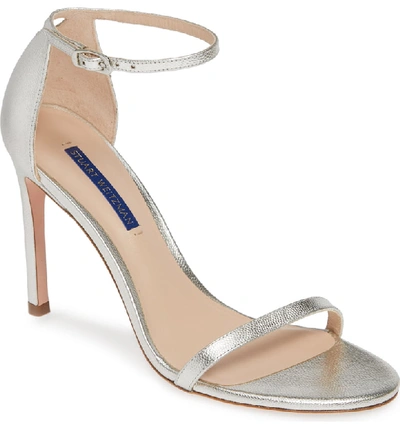 Stuart Weitzman Nudistsong Ankle Strap Sandal In Silver Metallic Caviar