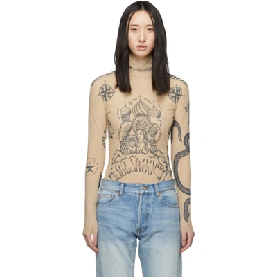 Vetements Tattoo Print Sheer Stretch Tulle Top In Pink