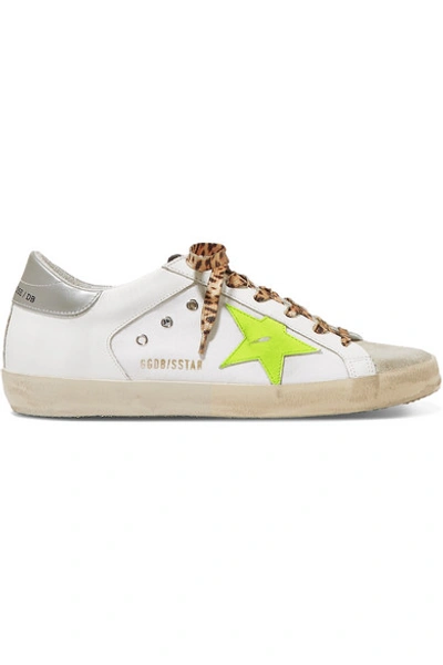 Golden Goose Superstar Distressed Neon-trimmed Leather, Suede And Canvas Sneakers In White