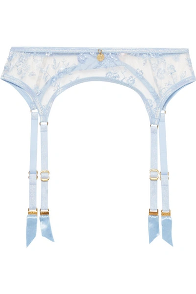 Agent Provocateur Zadi Satin-trimmed Embroidered Tulle Suspender Belt In Sky Blue