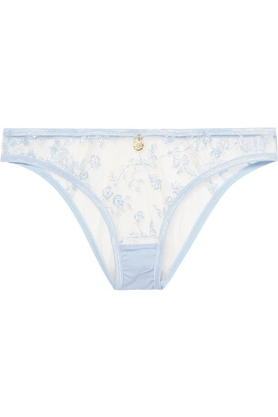 Agent Provocateur Zadi Satin-trimmed Embroidered Tulle Briefs In Sky Blue