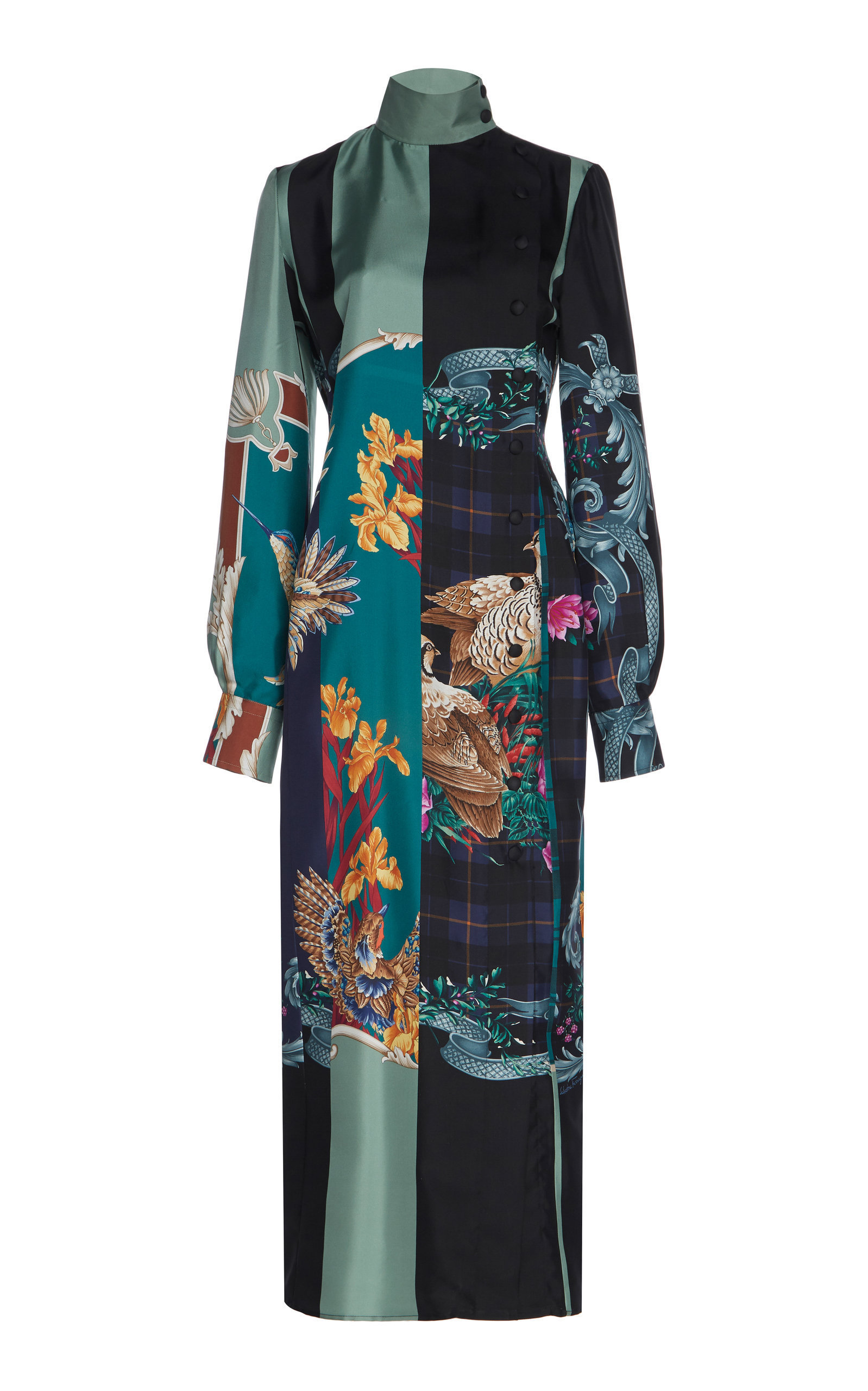 Salvatore Ferragamo Front-slit Mixed-print Silk Midi Dress In Multi ...