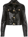 Versace Cropped Croc-effect Leather Jacket In Black