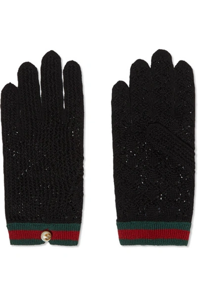 Gucci Embellished Striped Crocheted Cotton Gloves In Red