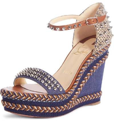 Christian Louboutin Madmonica Spike Wedge Sandal In Blue/ Brown