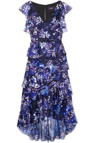 Marchesa Notte Tiered Floral-print Fil Coupé Chiffon Midi Dress In Navy