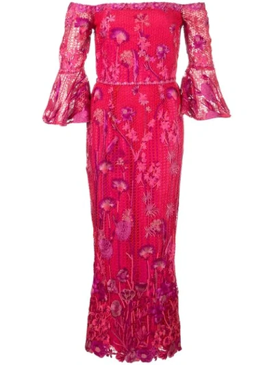 Marchesa Notte Off-the-shoulder Guipure Lace Dress In Fuchsia