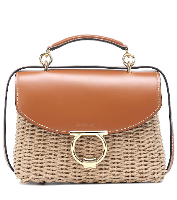 Salvatore Ferragamo Margot Leathertrimmed Wicker Shoulder Bag In Brown ModeSens