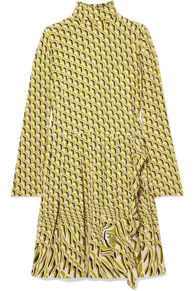 Prada Pleated Printed Silk Crepe De Chine Dress In Green | ModeSens