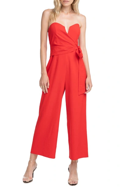 Astr Zion Cropped Strapless Tie-front Jumpsuit In Fire Red