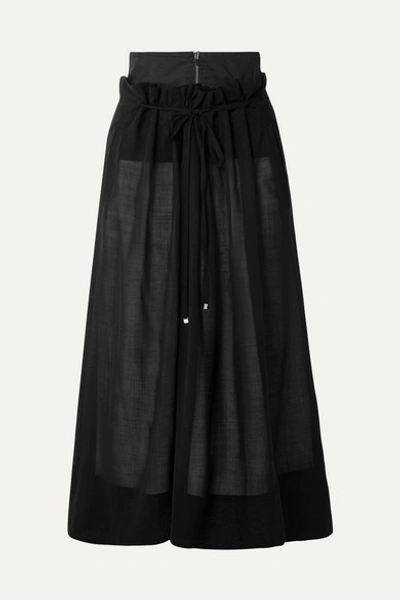 Tibi Gauze-overlay Wool-blend Midi Skirt In Black
