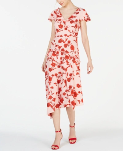 Adrianna Papell Living Blooms Ruffled Dress In Pink/red