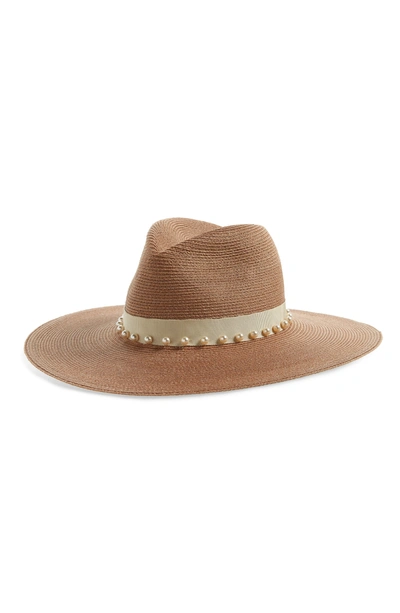 Eugenia Kim Emmanuelle Imitation Pearl Embellished Panama Hat In Sepia