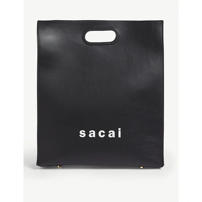 Sacai Logo Medium Leather Tote In Black