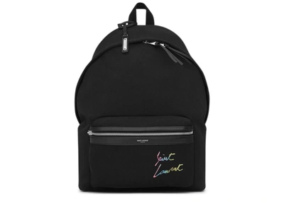 Pre-owned Saint Laurent City Canvas Backpack  Embroidery Silver-tone Black