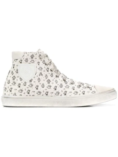 Saint Laurent Bedford Sneakers In Used-look Canvas Printed With Mini Robots In White