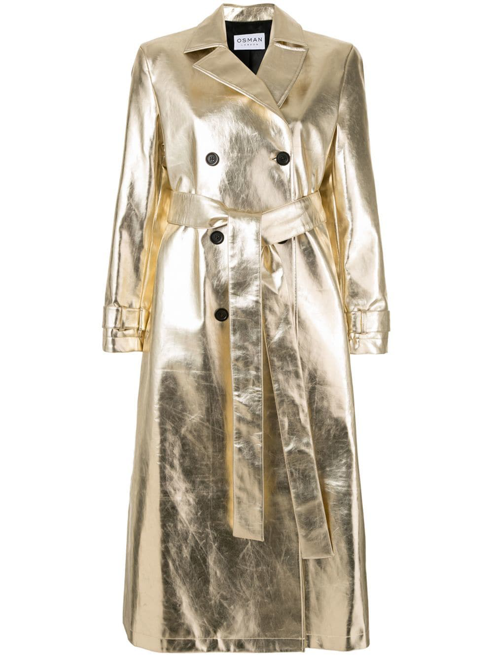 Osman Double-Breasted Metallic Trench Coat - Gold | ModeSens