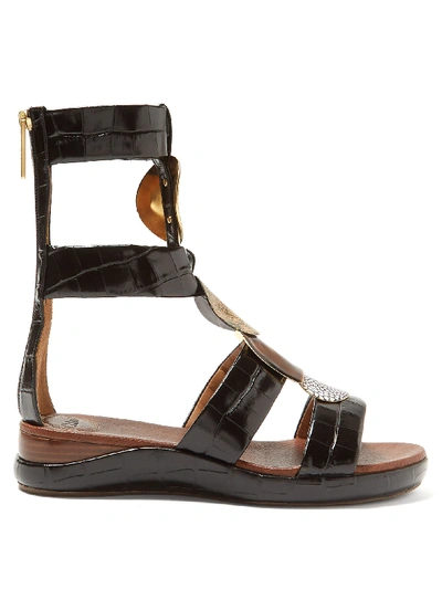 Chloé Crocodile-effect Leather Gladiator Sandals In Black