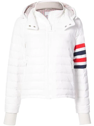 Thom Browne Downfill Ski Jacket With 4-bar Stripe & Removable Hood In White Matte Nylon Poplin