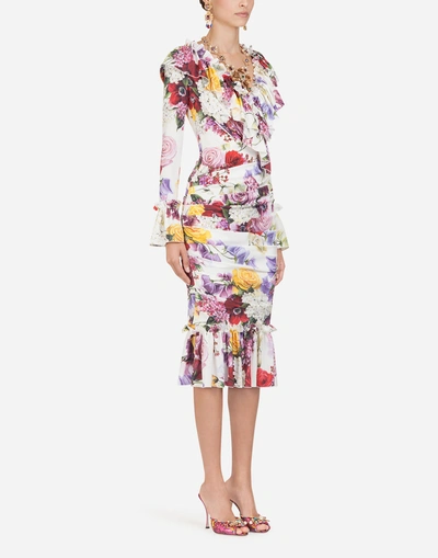 Dolce & Gabbana Printed Charmeuse Midi Dress With Ruches In Floral Print