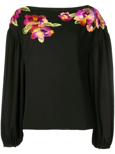 Josie Natori Embroidered Flower Blouse In Black