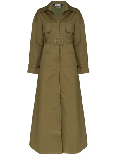 Jacquemus Belted Printed Cotton And Linen-blend Trench Coat In Green