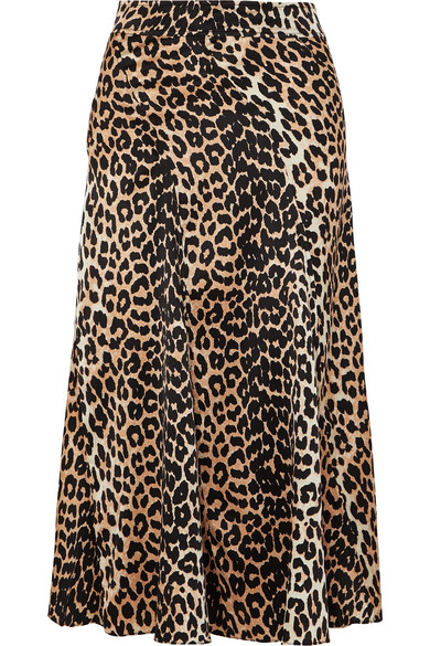 Ganni Blakely Leopard-Print Flared Stretch-Silk Skirt In Leopard Print ...