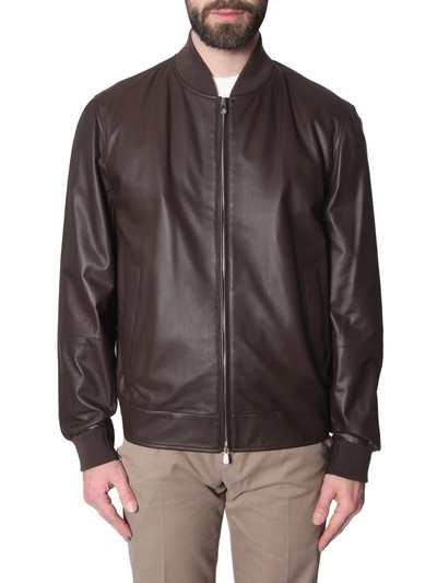 Brunello Cucinelli Leather Bomber Jacket In Brown