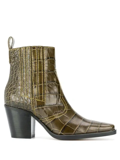 Ganni Callie Crocodile-effect Leather Ankle Boots In Brown