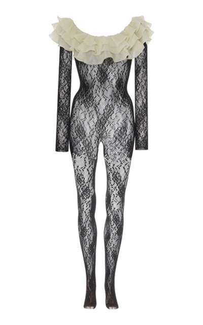 Alessandra Rich Ruffled Silk-trimmed Stretch-leavers Lace Bodysuit In Black