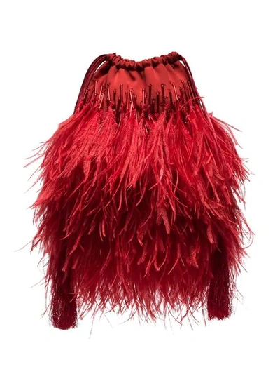 Attico Ostrich Feather Pouch In Red