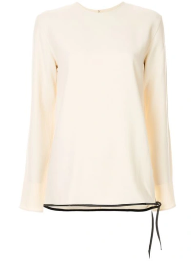 Victoria Beckham Crewneck Long-sleeve Top W/ Leather Trim In Neutrals