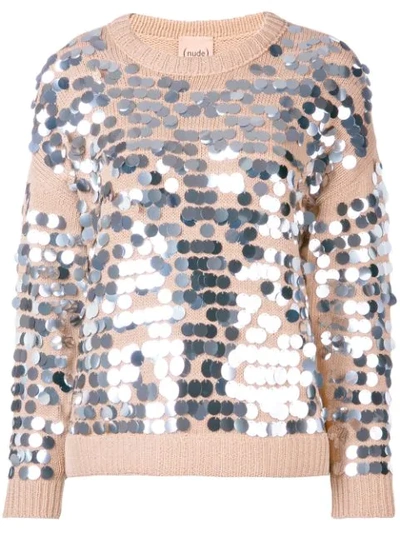 Nude Sequin Embroidered Sweater In Pale Pink